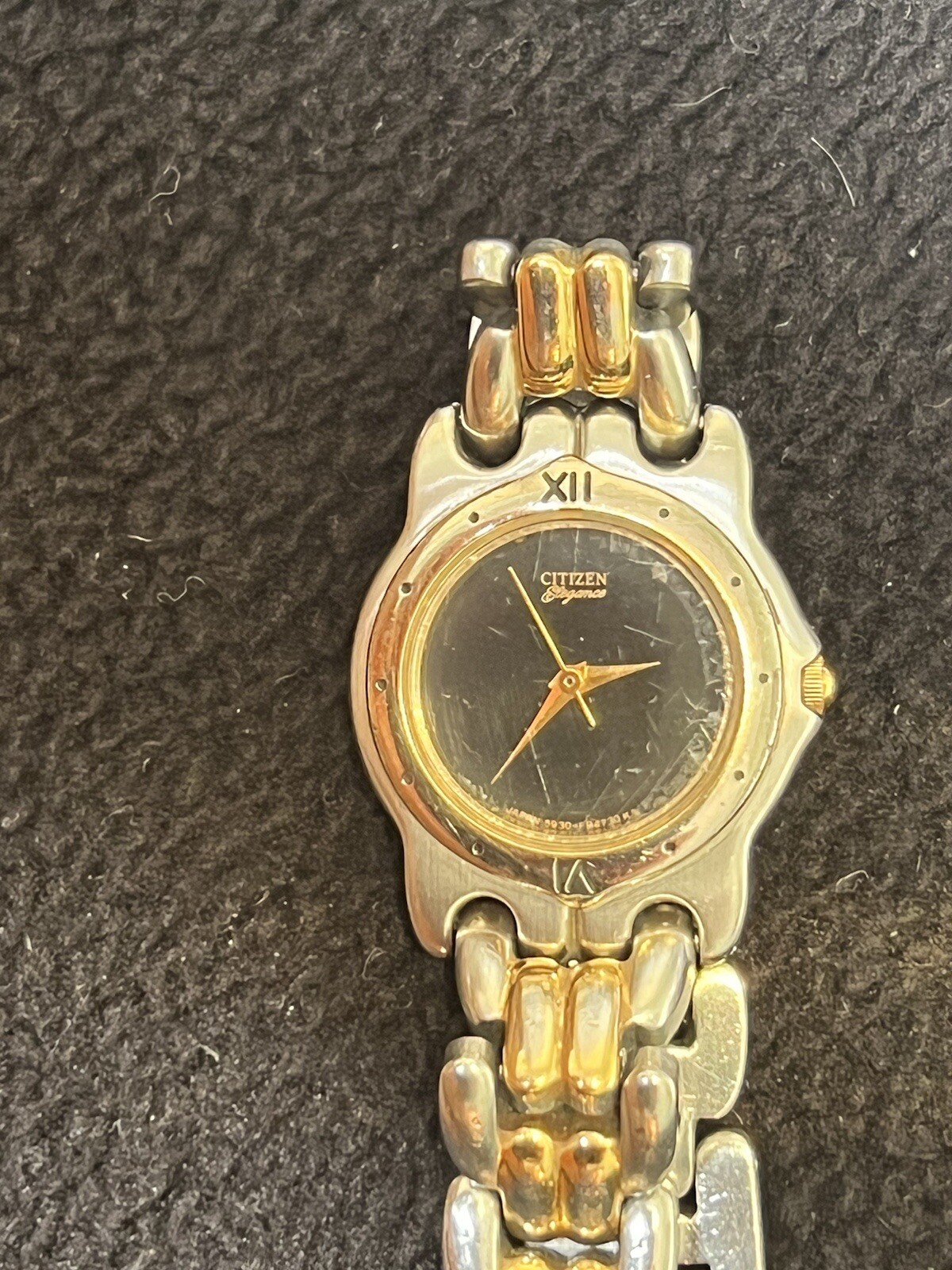 citizen elegance ladies watch, Plain Black Face Two Tone Stainless Steel Band.