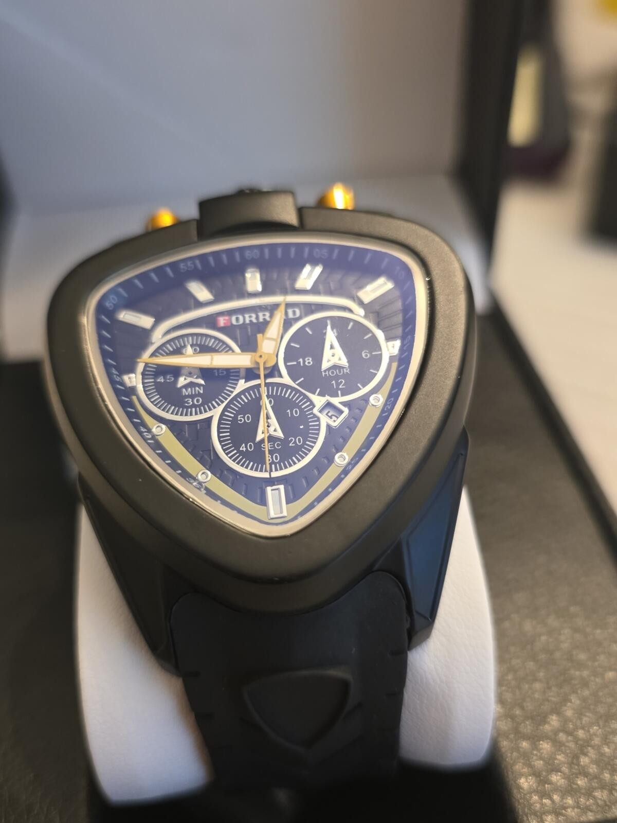 197. FORRAD Black & Blue Triangular Chronograph Watch with Yellow Accents