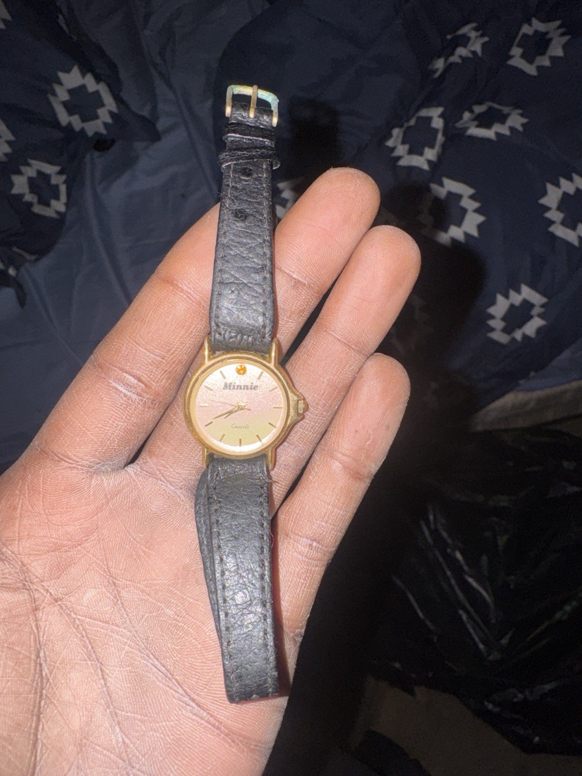 Minnie Quartz Analog Watch, Black Leather Strap, Gold Tone Case, White Dial