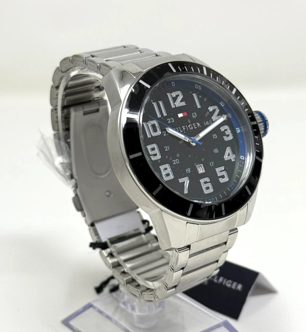 Tommy Hilfiger Three Hand Stainless Steel Black Dial 46mm Watch NIB 1791074