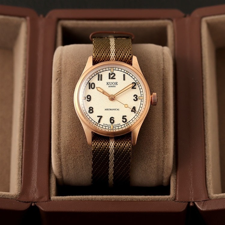 KUOE KYOTO OLD SMITH 90-002 35mm case Automatic Ivory Dial khaki Strap New Japan