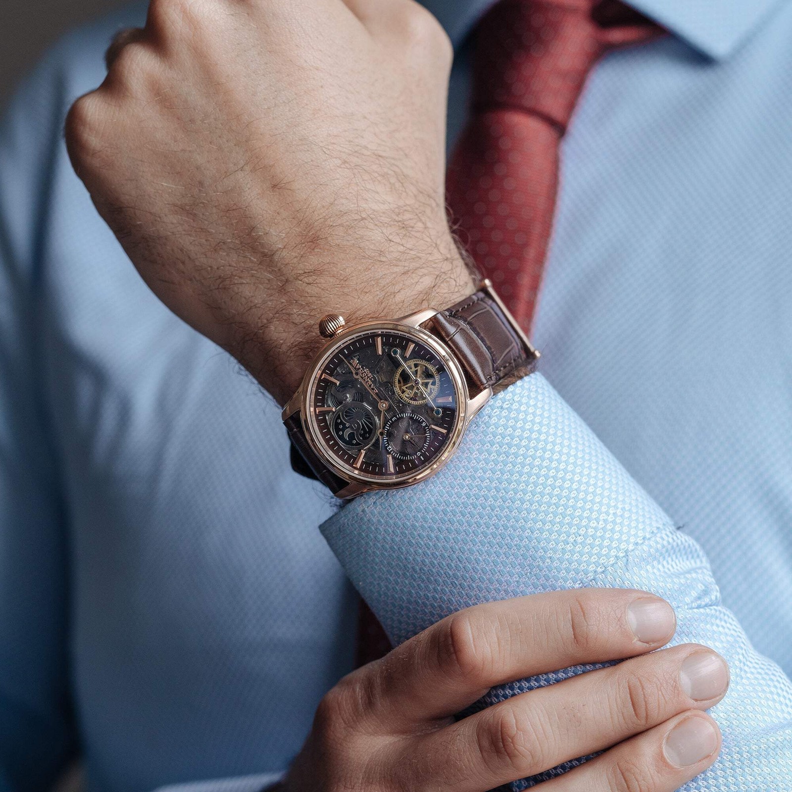 Longitude (Shadow Automatic) Automatic Skeleton Watch Brown / Genuine leather st
