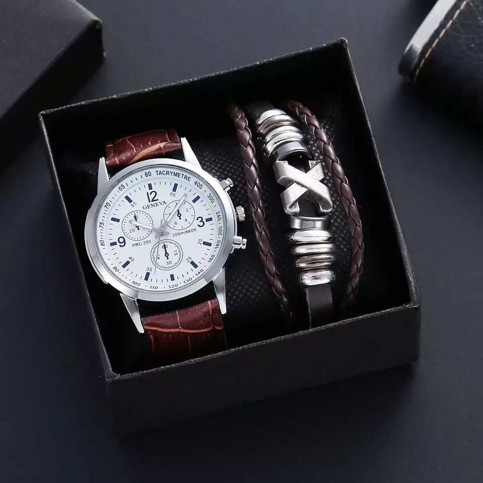 Classy Watch/Bracelet Combo Gift Set ||Black/Brown, Metal Beads, White/Blue face