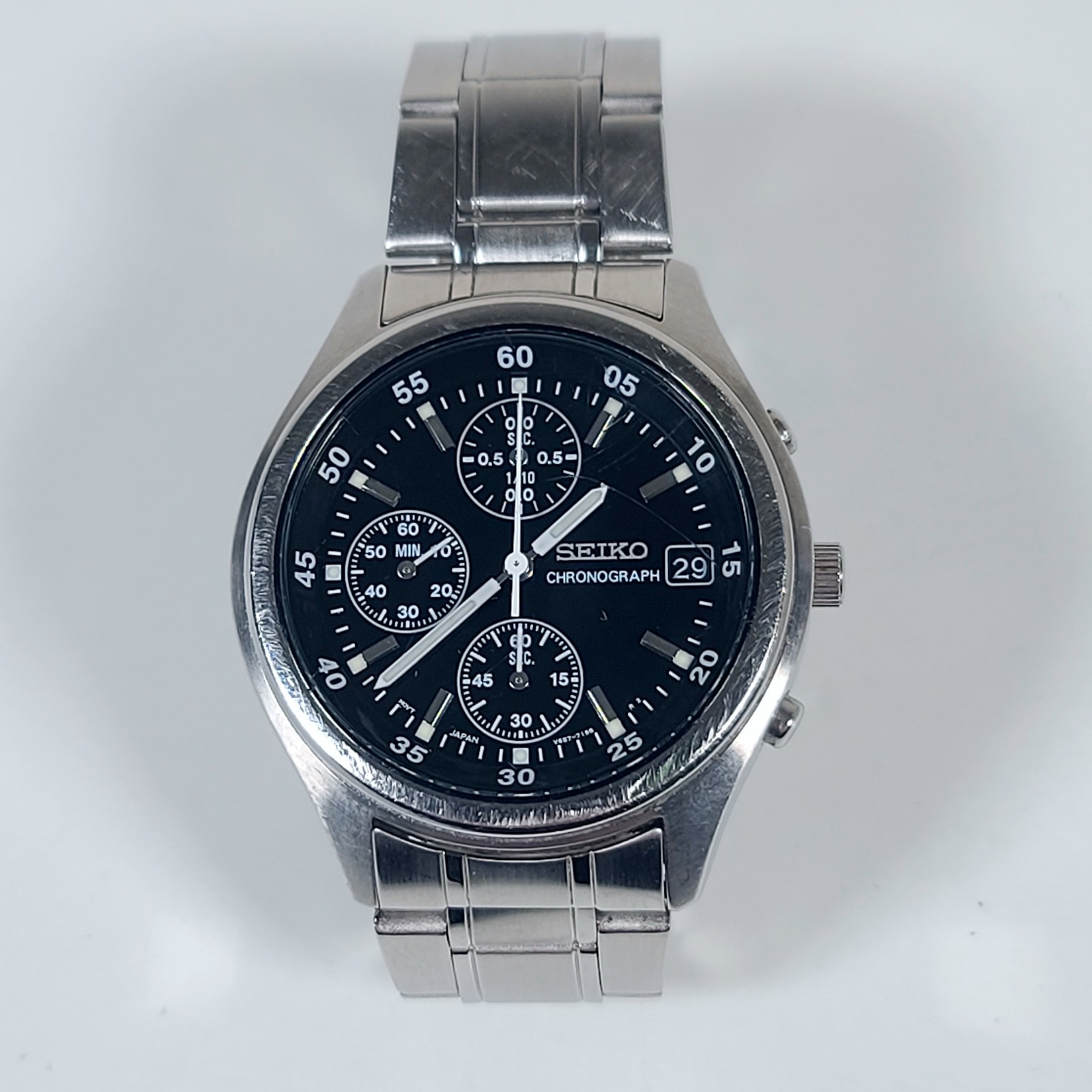 Seiko Chronograph Quartz Mens Watch Black Dial 38mm V657-7100 Vintage 1990 Japan