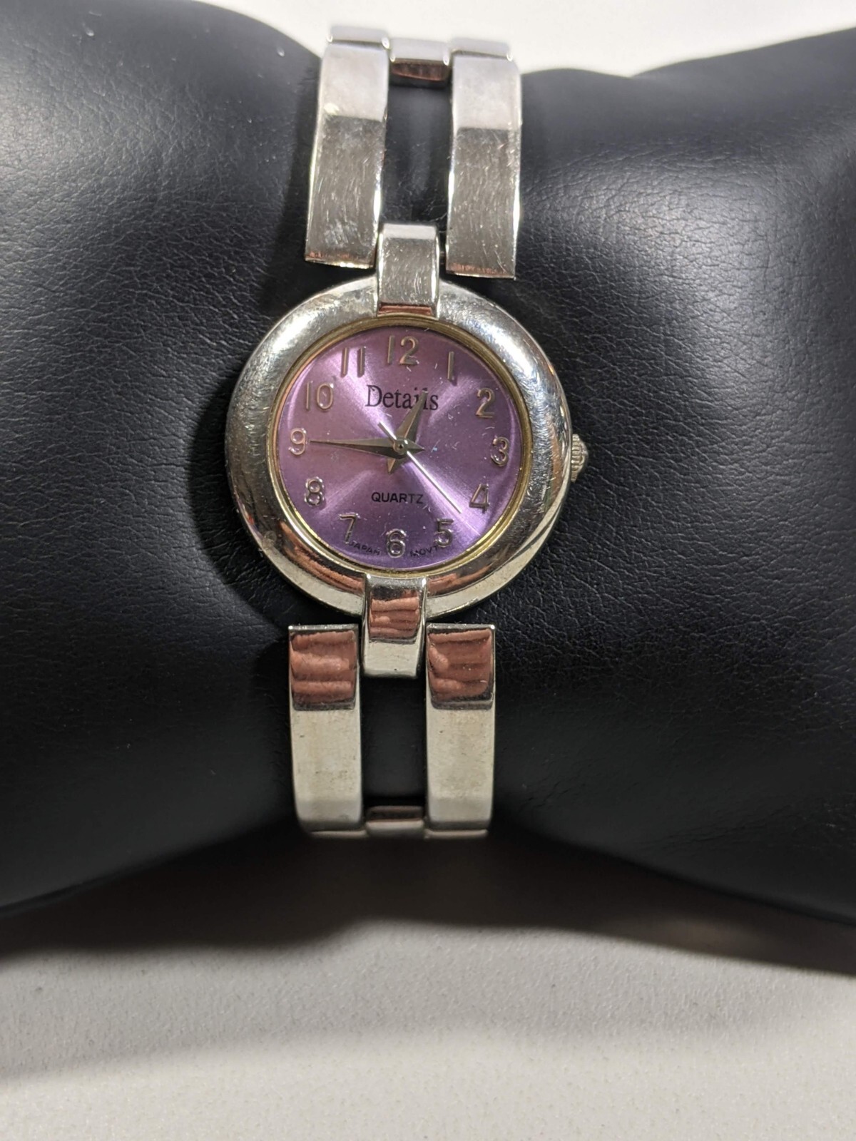 Details Purple Dial Round Silver Tone Case 25 mm Link Bracelet Band Watch 7.5 in