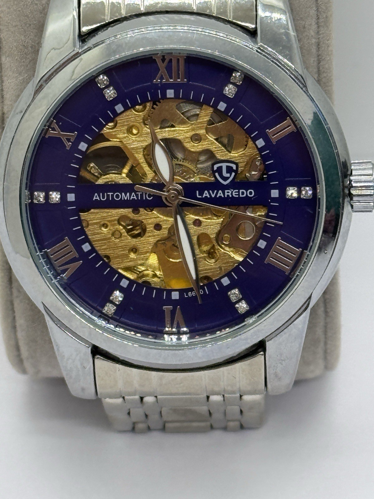 Lavaredo Automatic Diamond Blue Dial Watch Silver Gold Skeleton WR