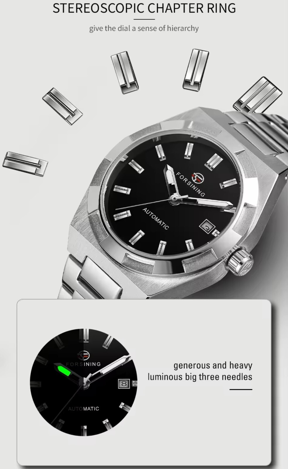 Forsining Automatic Watch 41mm Expedition Caseback 3bar Stainless Steel