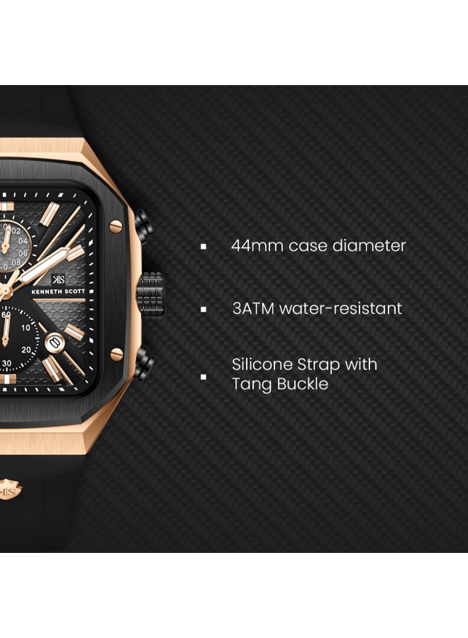 Kenneth Scott Men’s Chronograph Watch | Black Dial, Rose Gold Case, 44mm