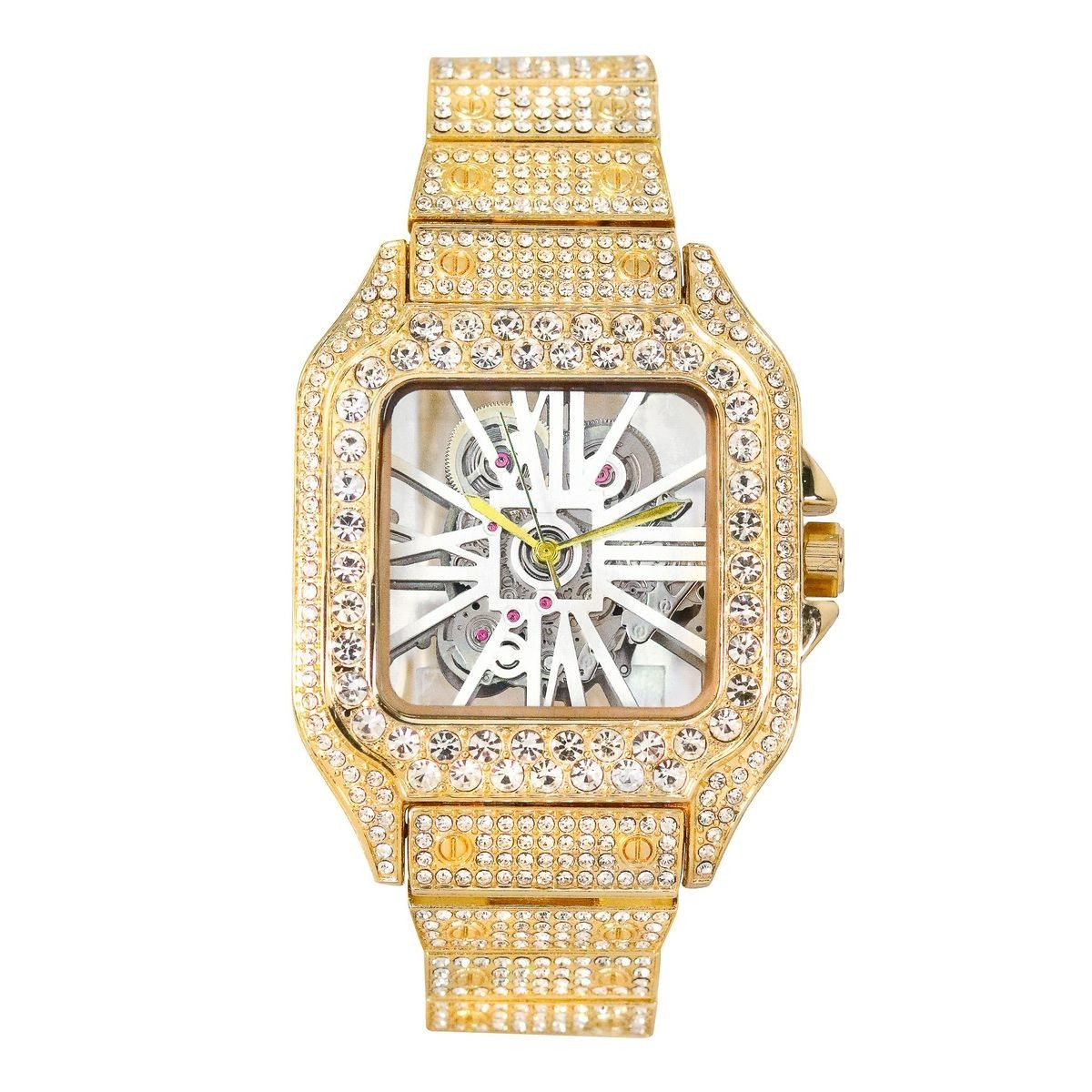 MEN’S SQUARE WATCH FULLY ICED BAND LUXURY SIMULATED DIAMOND SKELECTON DIAL BLING