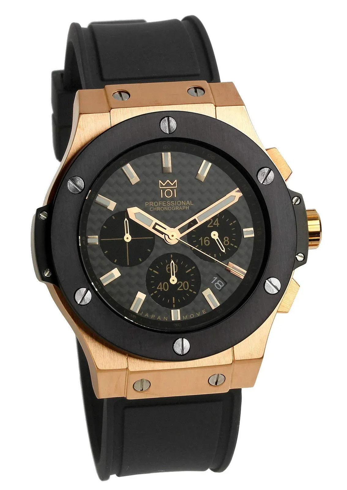 Japan NEW HYAKUICHI 101 No.8 Men’s Watch Black/Pink Gold 100m Waterproof Rubber