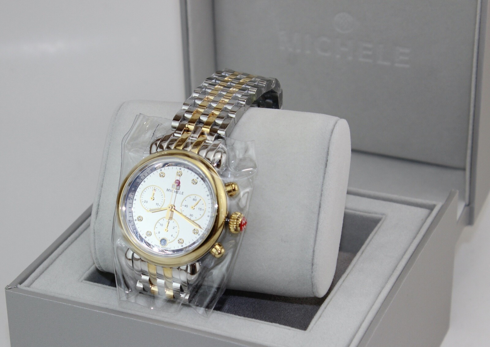 NEW AUTHENTIC MICHELE CSX 36 SILVER GOLD MIRROR CHRONO MWW03C000519 WOMENS WATCH