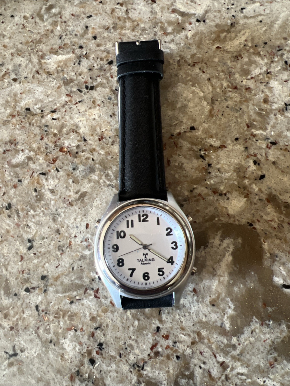 Talking Atomic Watch Leather Black Strap Silver Chrome head Loud And Clear Watch