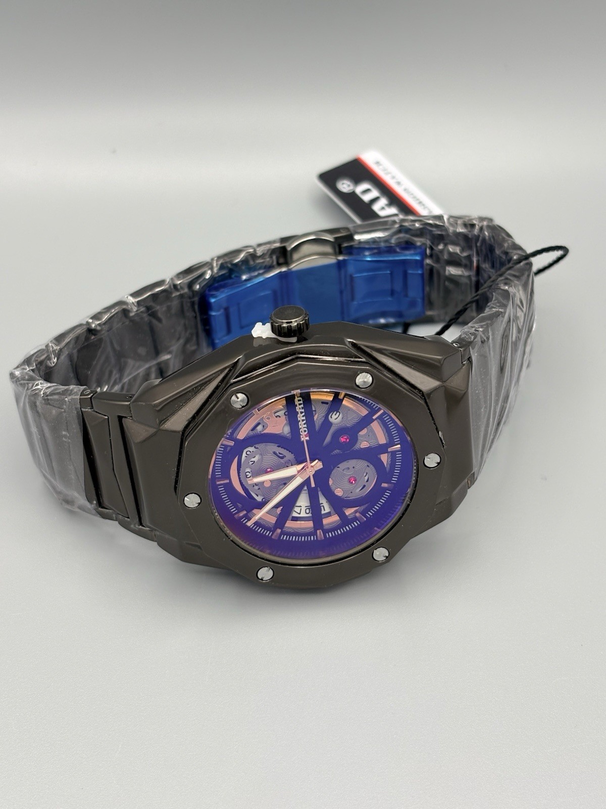 FORRAD Men’s Skeleton Dial Quartz Watch Black Stainless Steel w/ LED Display Box