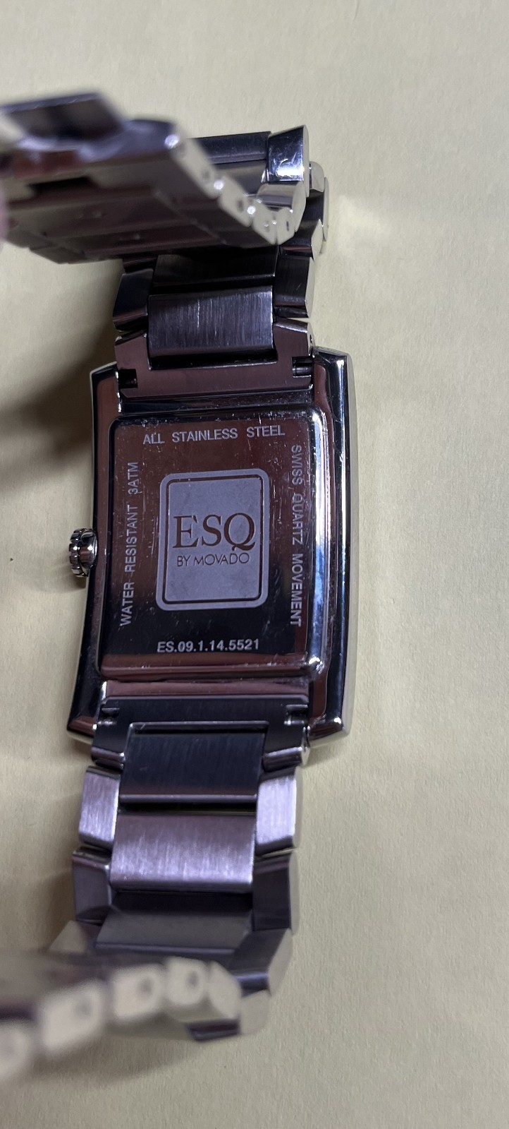 ESQ Movado Rectangular Silver Watch – Black Dial w/Diamond Markers