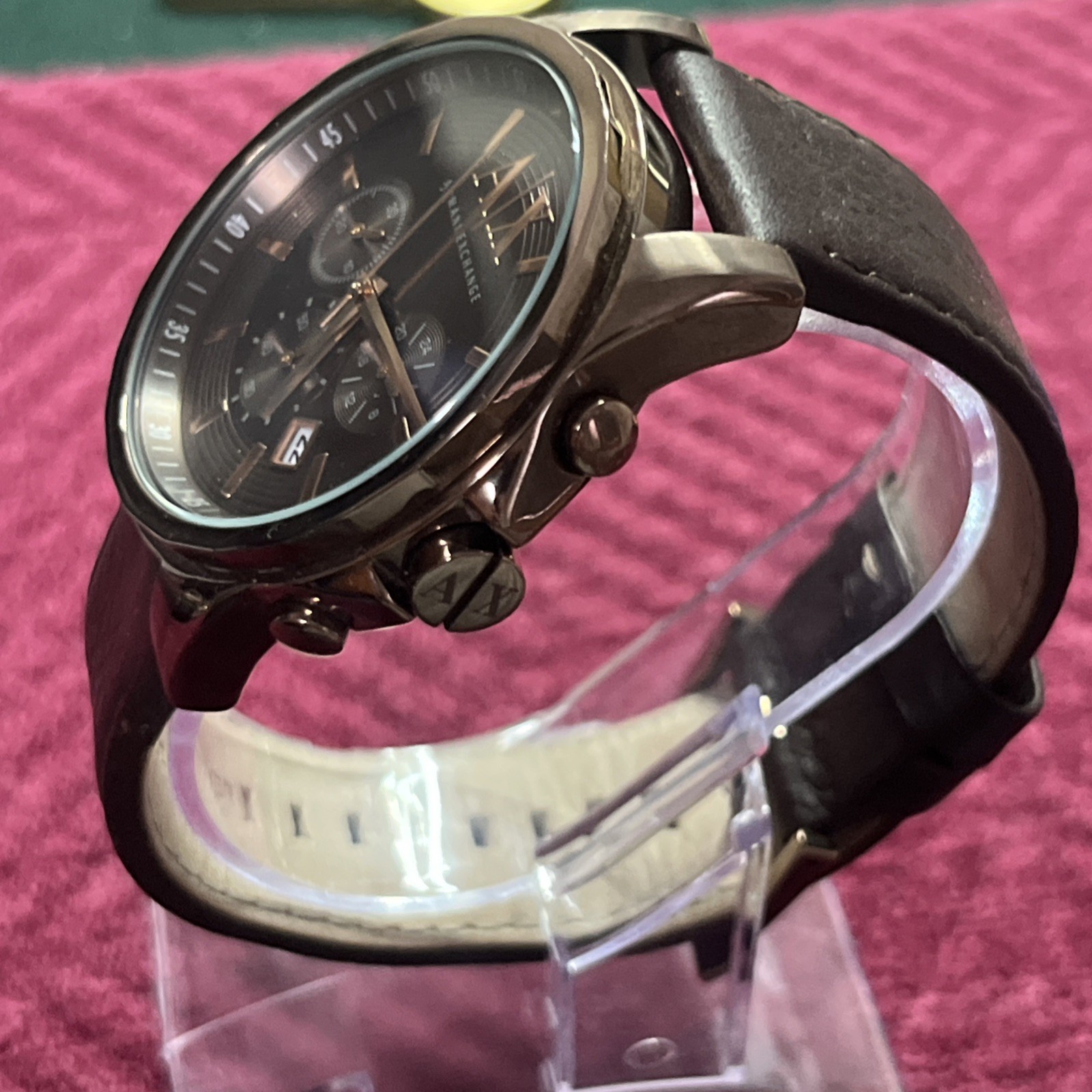 Watch Chronograph Dark Brown Leather Strap 45mm Ax2090