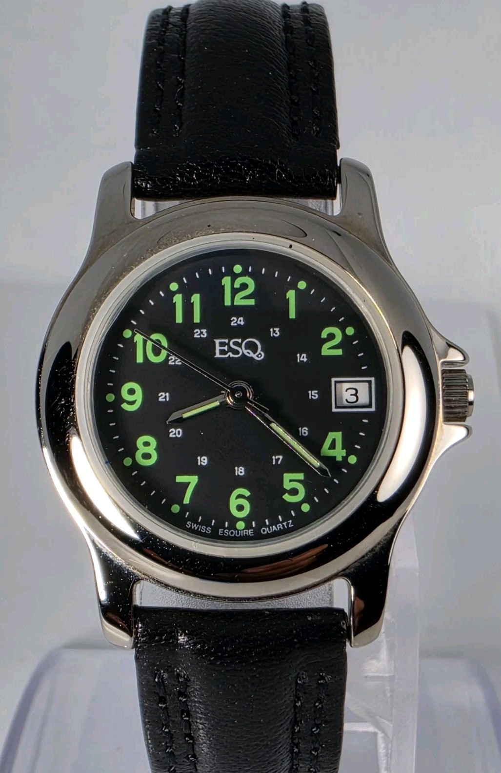 ESQ SWISS WOMEN’S STAINLESSS BACK STEEL WATER RESISTAN LEATHER BAND BLACK DIAL