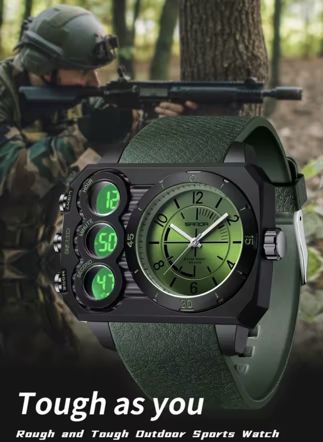 Men’s sports electronic watch with dual display, waterproof, LED night light.