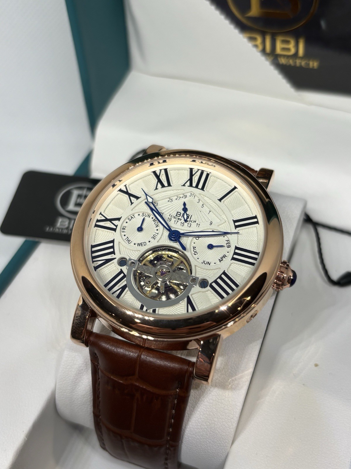 BIBI Automatic Tourbillon Rose Gold Roman Dial Leather Men’s Watch Box Papers