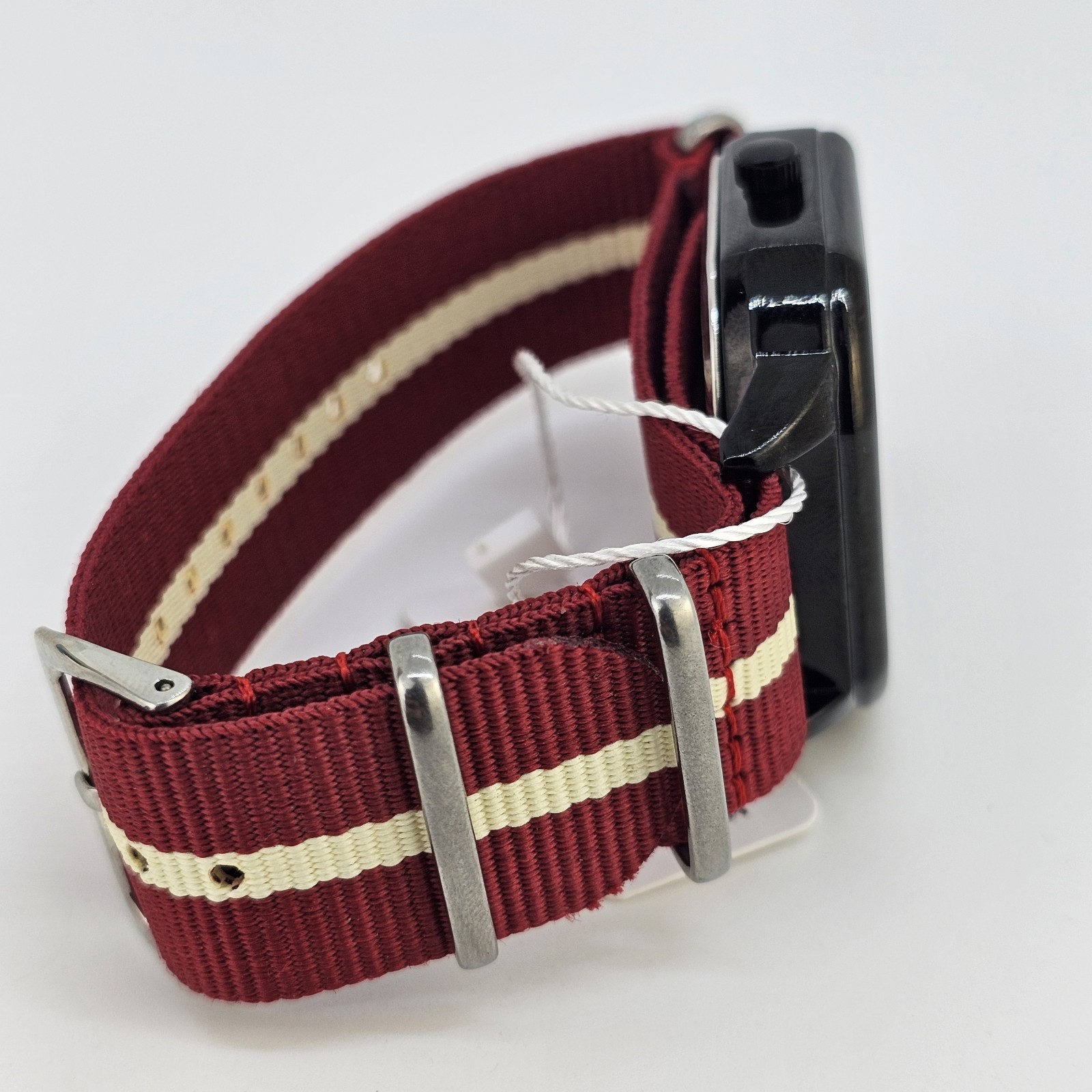 42MM Watch Men Black Dial Date Indicator Red Cream Canvas Band New Battery