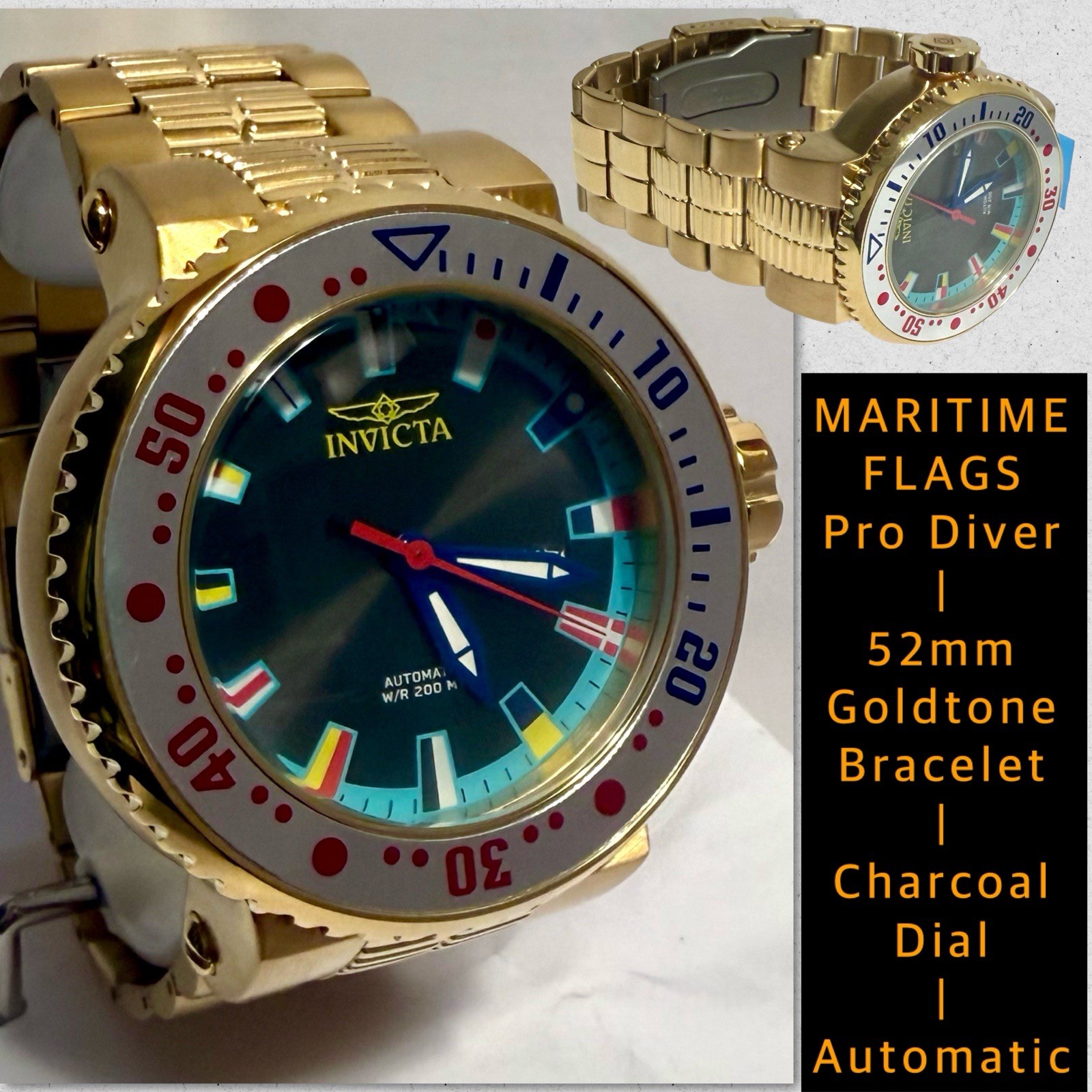 52mm Auto MARITIME Flags | Gray Dial | Goldtone Bracelet PRO DIVER Invicta Watch