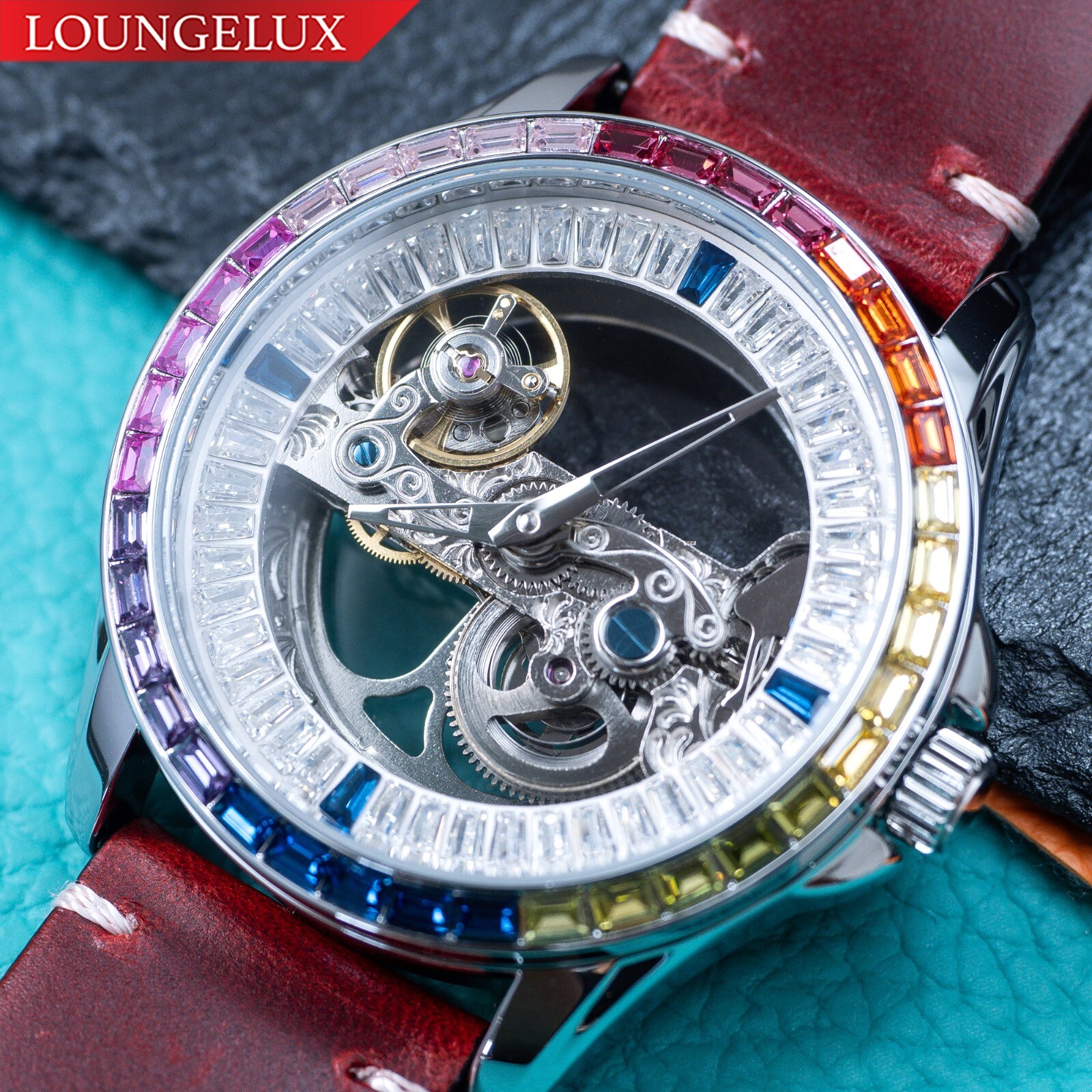 Mens Silver Automatic Mechanical Watch Bridge Rainbow Cubic Oil Waxed Dark Red