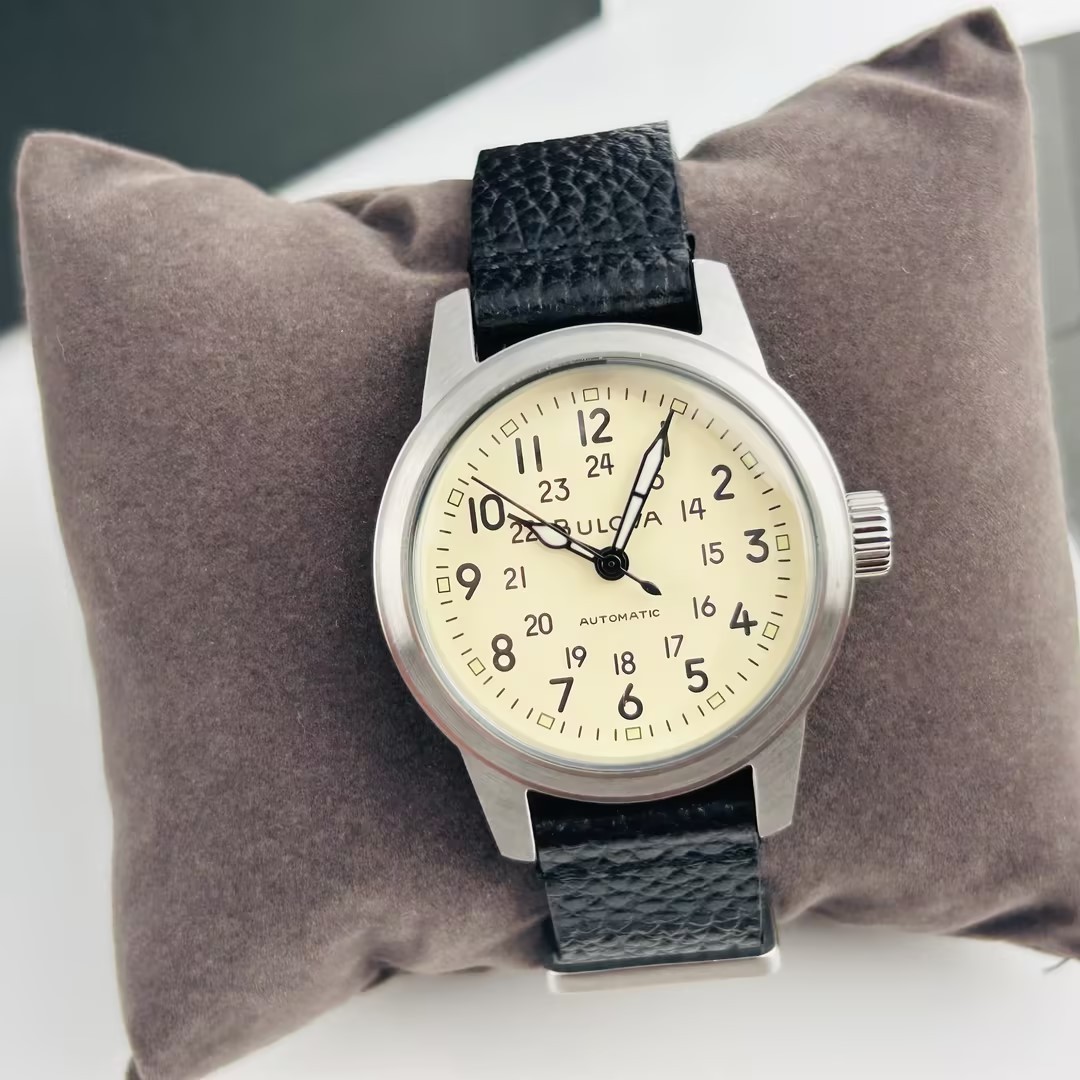 Bulova Hack 98A246 Ivory Dial Black Leather Strap Men’s Automatic Watch 38MM