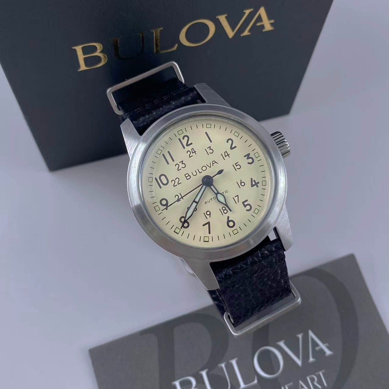 New Bulova Hack Men’s Automatic Watch Ivory Dial Leather Strap 96A246 38 mm