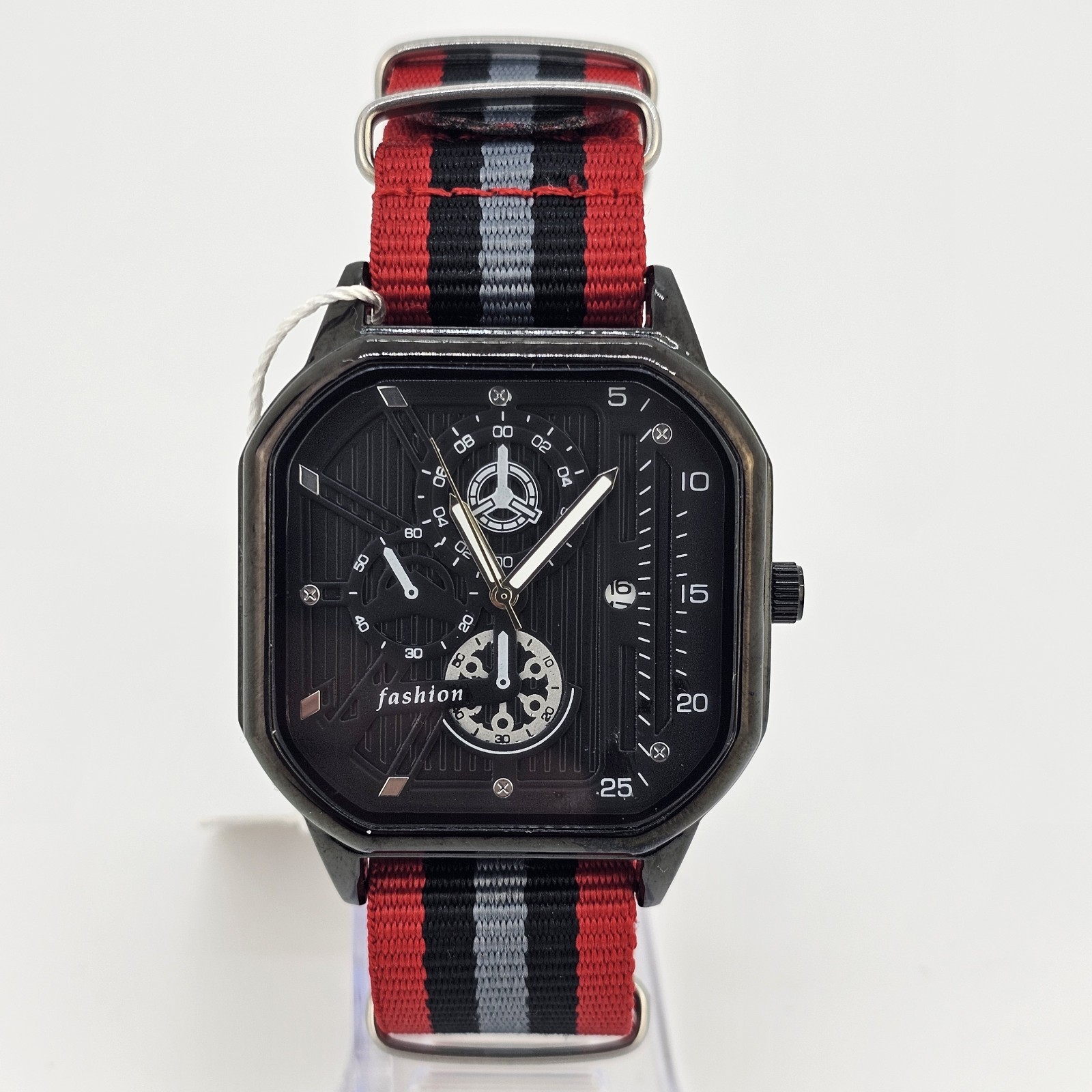 42MM Men’s Watch Black Dial Date Red Black Gray Canvas Band Strap New Battery