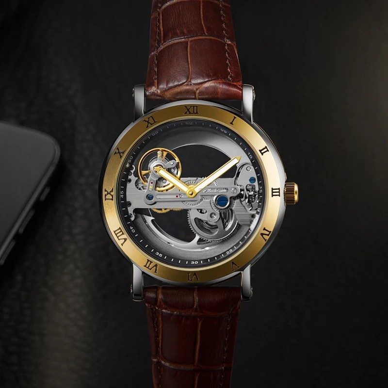 Men’s Automatic Watch Skeleton Mechanical Leather Strap Waterproof Wristwatch