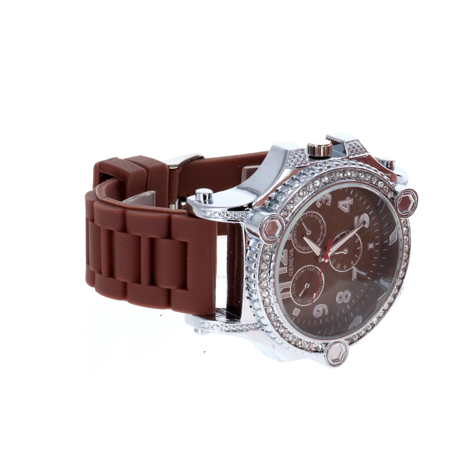 Heavy Men’s Iced Luxury Bezel Hip Hop Silver Tone Bezel Brown Silicone Band 54mm
