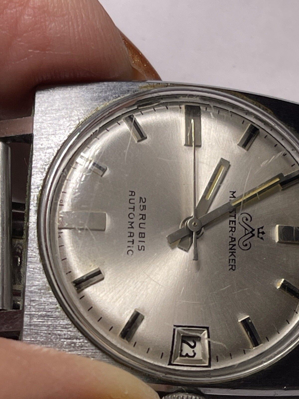 Meister Anker 1960s Auto Silvertone Bracelet Watch 25 Jewels Date- Runs See Note