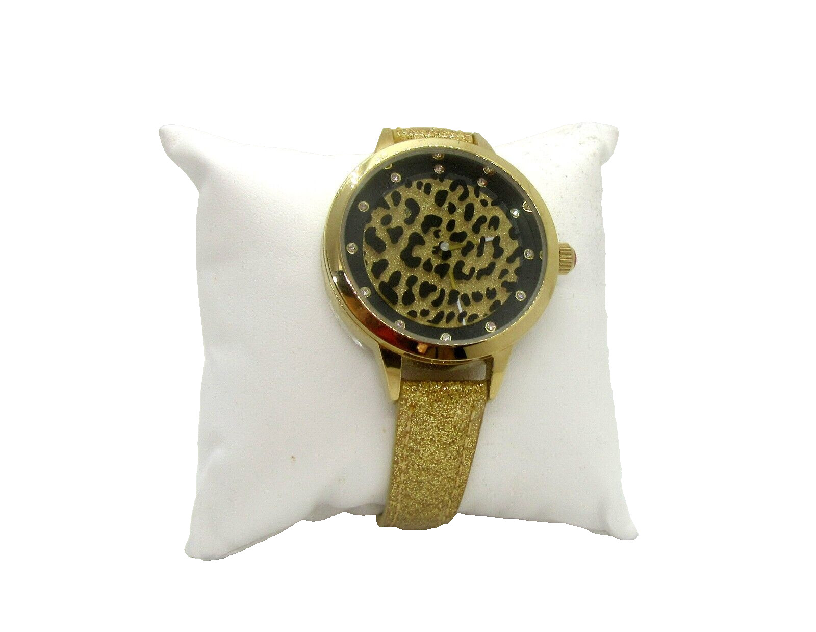 Betsey Johnson Leopard Print Gold Glitter Band Watch -New in box