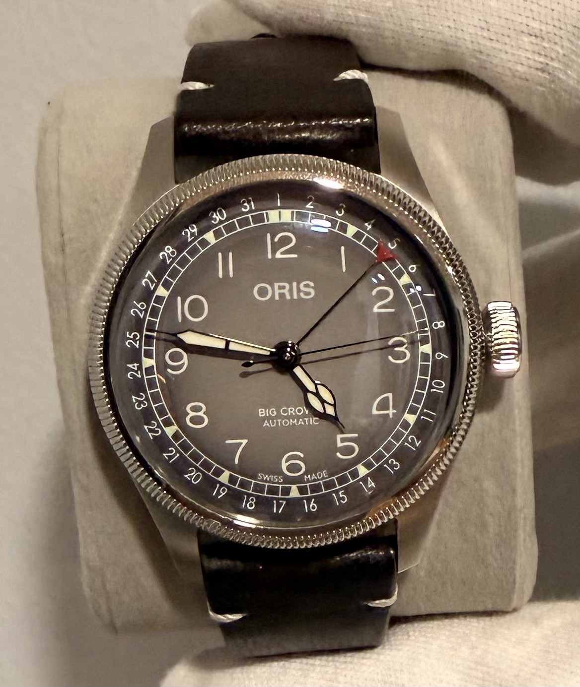 Oris Big Crown Automatic 38mm Gray Dial Brown Leather Strap Box & Papers