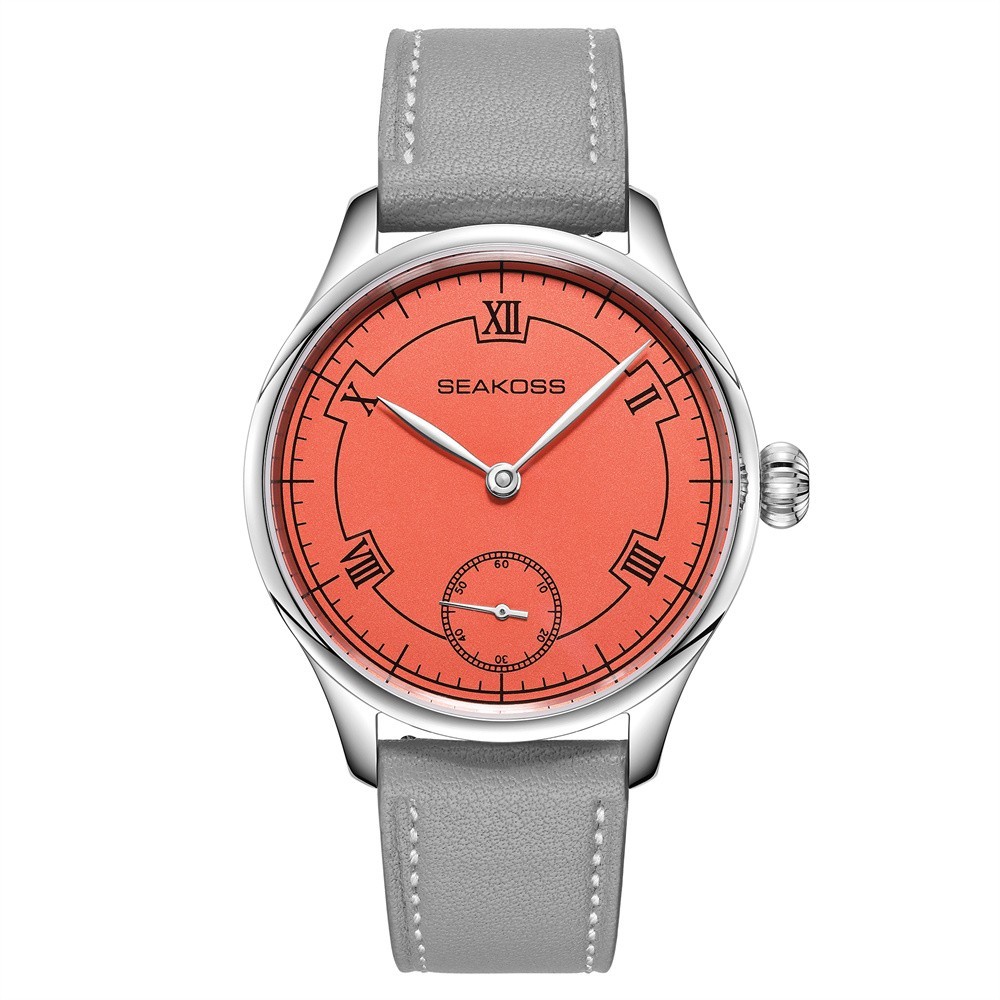 SEAKOSS Manual Wind Mechanical Watch Orange Roman Dial Small Seconds Gray Leathe