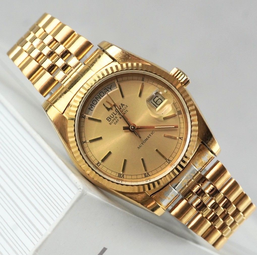 BULOVA Super Seville 35mm 19cm 7.5in Day Date Automatic Gold Watch Working