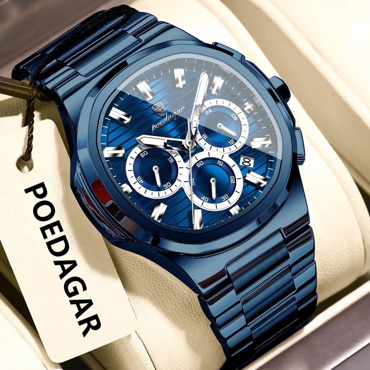 45MM POEDAGAR Men’s Quartz Luxury Watch 30M Waterproof Stainless Luminous NEW