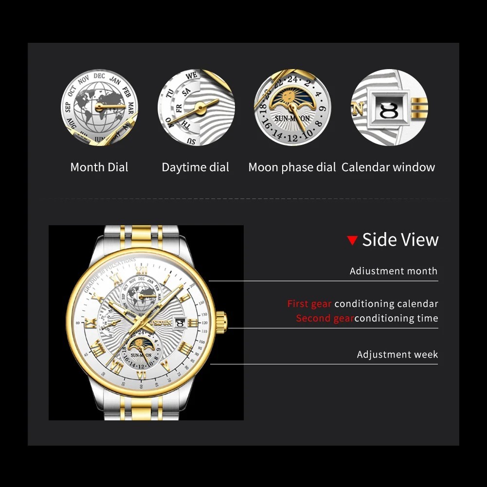 Automatic Mechanical Waterproof Watch Moon Phase Luxury Dial Men’s Men Strap