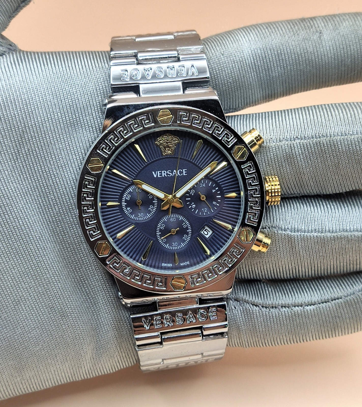 Amazing Versace Chronograph Blue Dial Analog Refurbished Men’s Wrist Watch