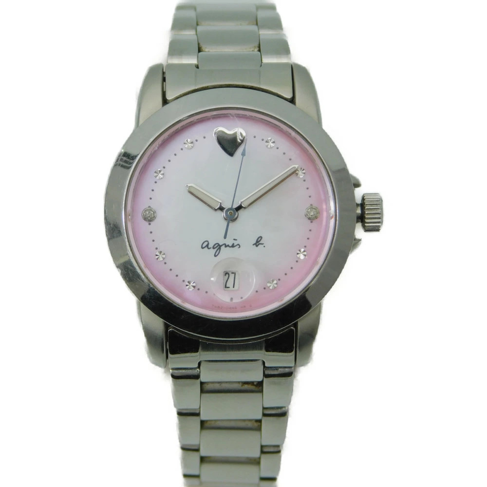 agnes b Shell Pink Dial Stainless Steel Quartz Watch Timepiece Womens