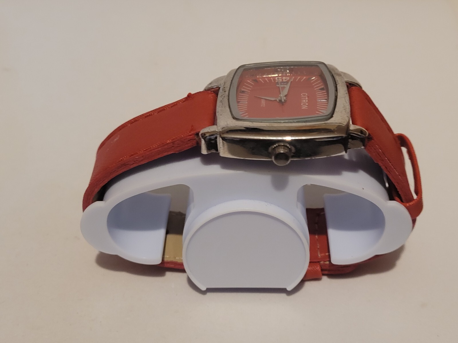 Large Red Leather Fabric Styled Citron Quartz Watch In Box