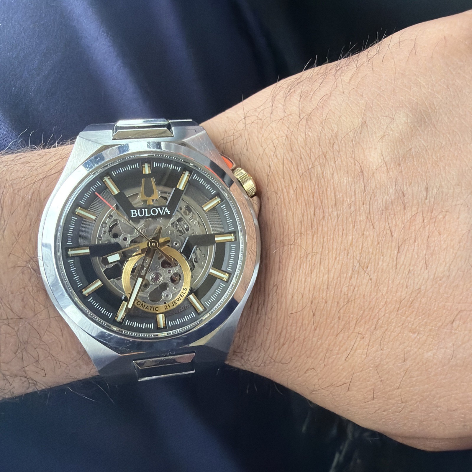 Bulova Classic Skeleton Watch 98A179 Automatic Mens 46mm Black Stainless Steel