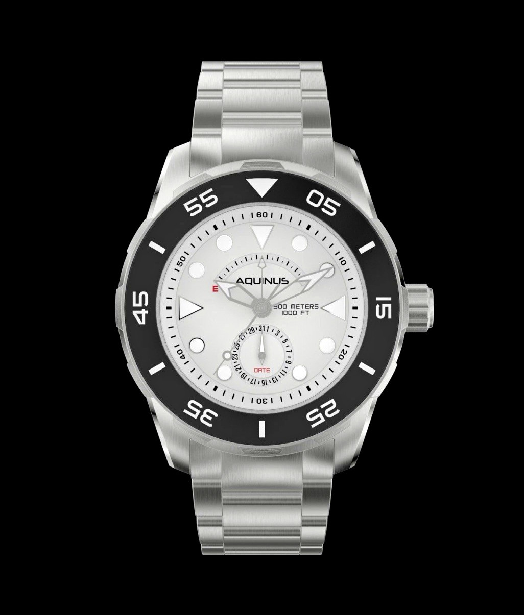 Aquinus Men’s Diver Quartz Date White Dial Black Bezel Steel Watch 300m