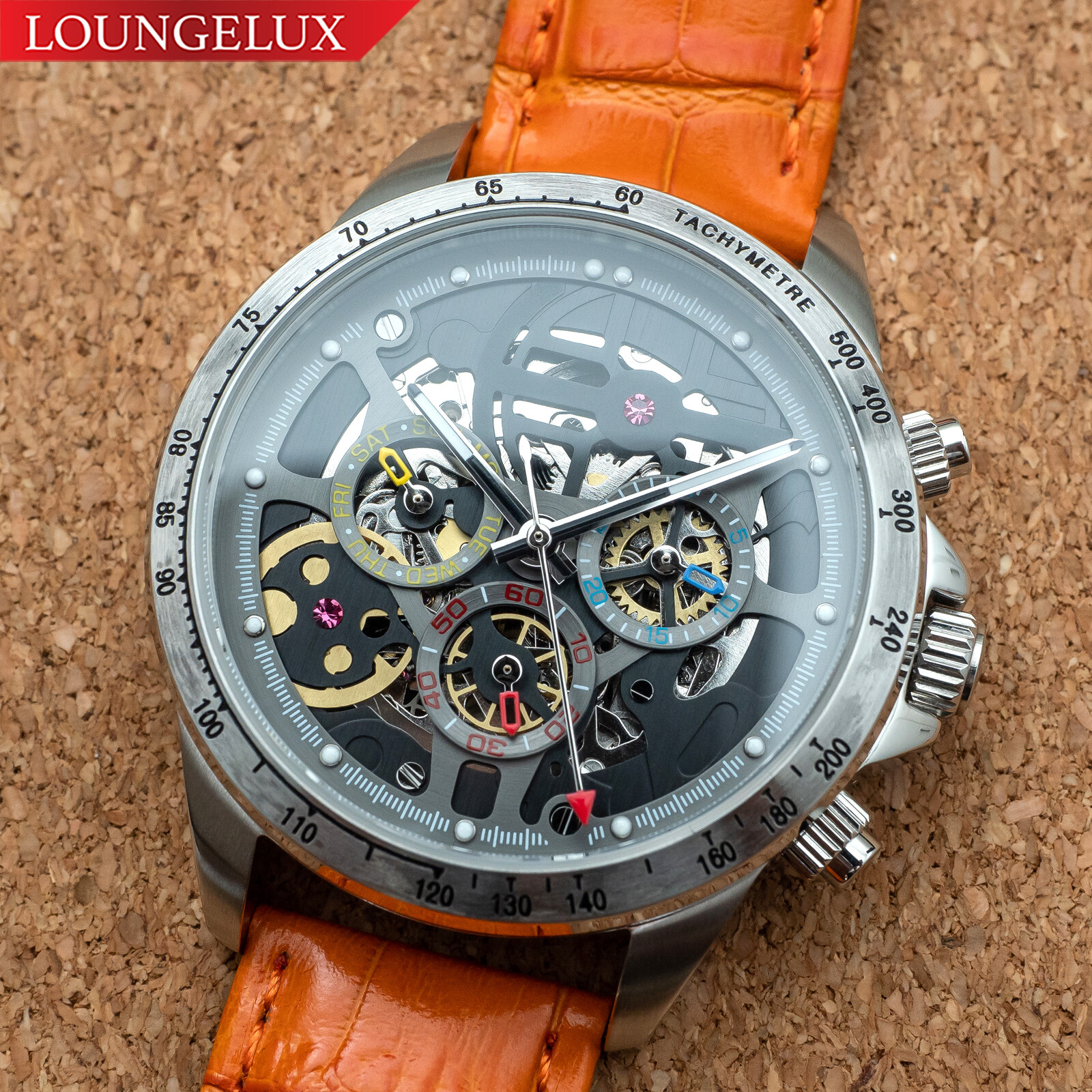 Mens Automatic Mechanical Watch Date Day Watch Silver Black Orange Leather