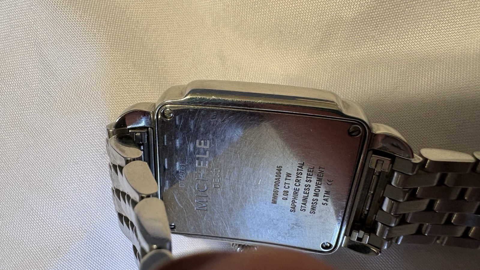 MICHELE Deco 33mm Rectangle Diamond Marker Quartz Silver SS Bracelet Box
