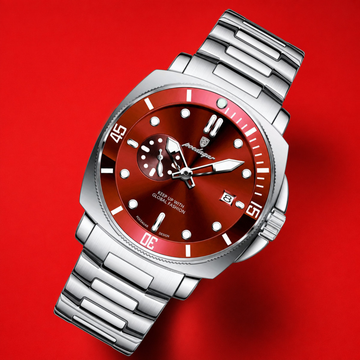 Men’s 43mm Luxury Watch Silver Steel Bracelet Red Dial Bezel Date Wrist Poedagar