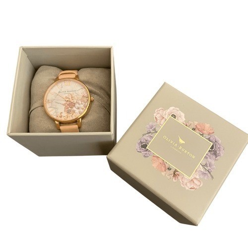 Olivia Burton London Gold Floral Marble Dial Watch Blush Leather Strap Boxed