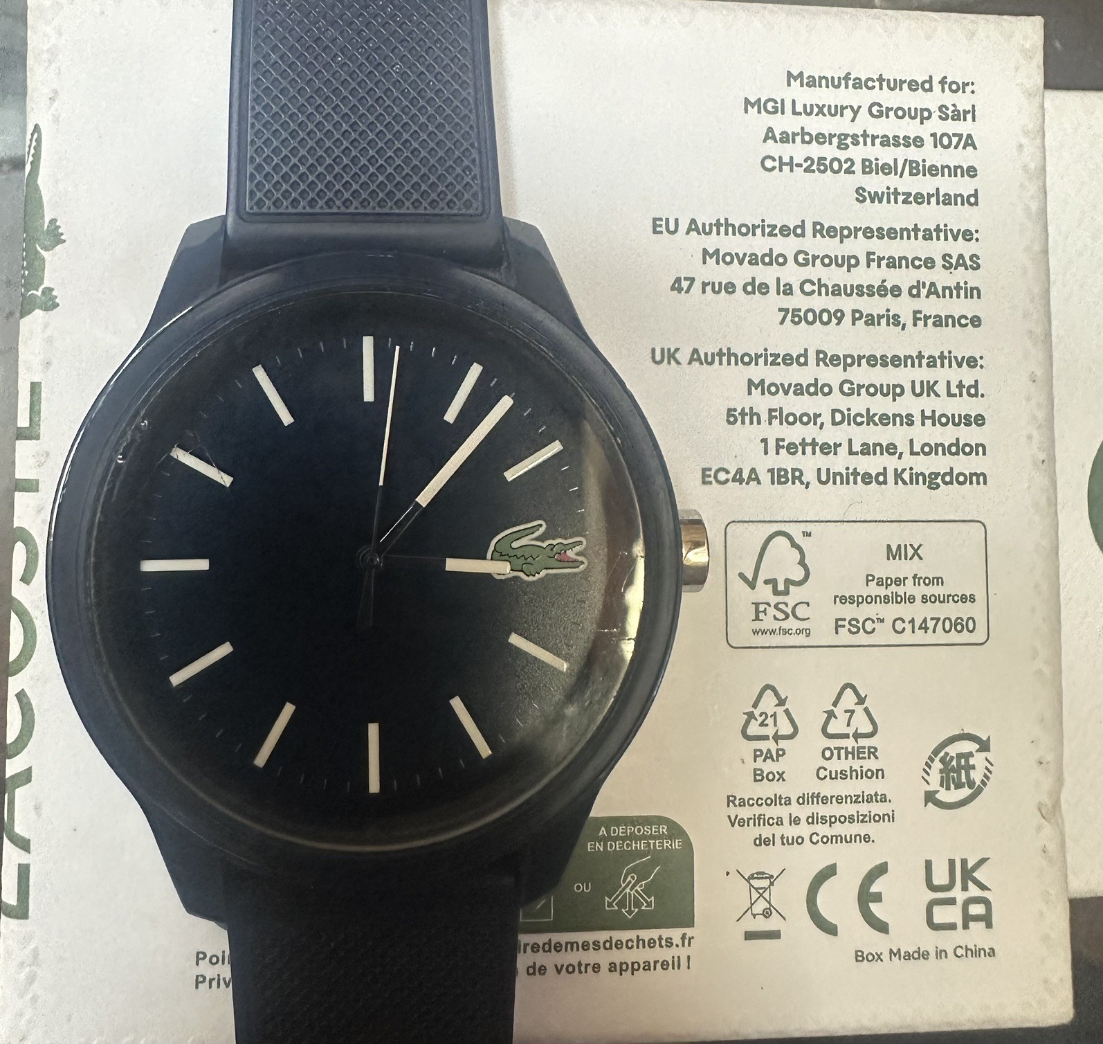 LACOSTE 12.12 Men’s 9.5” Watch Model 2010987 Navy Rubber Strap