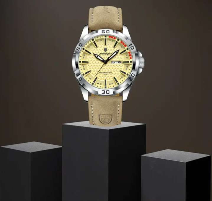 POEDAGAR Men’S Designer Timepiece, Elegant And Opulent Faux Leather Sports Calen