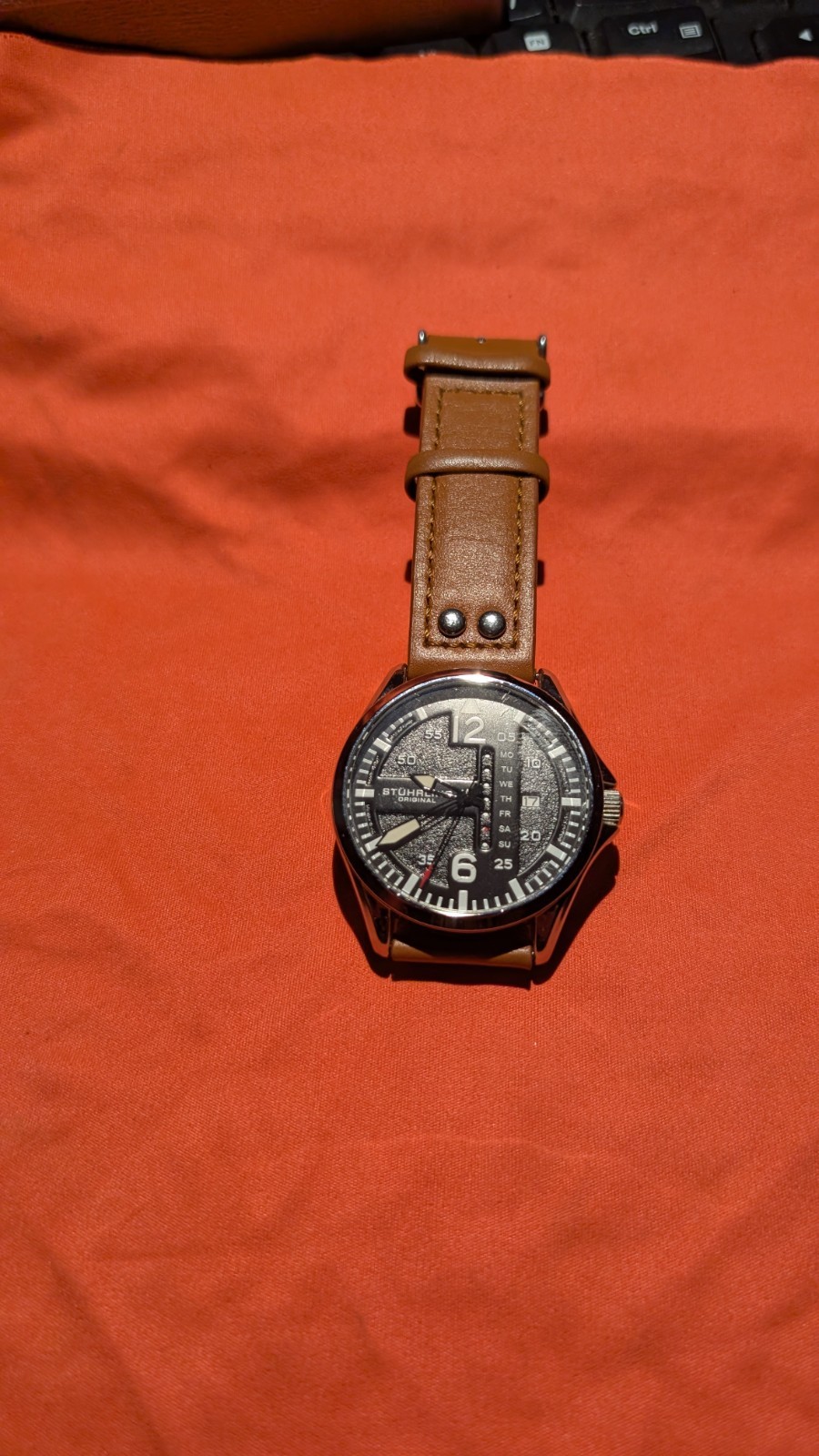 Stuhrling Men’s Steel Riveted Tan Leather Strap Japan Quartz Aviation Watch
