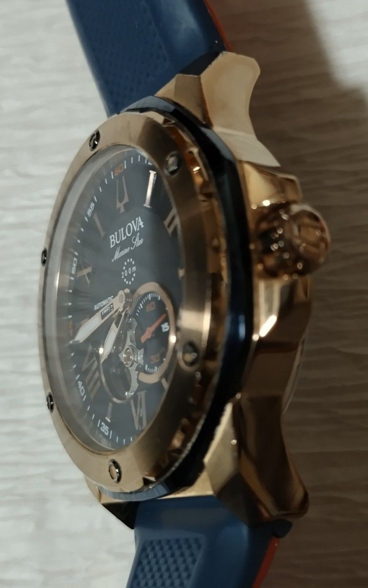 Working Bulova Marine Star Automatic 21 Jewels Rose Gold Navy Open Heart 98A227